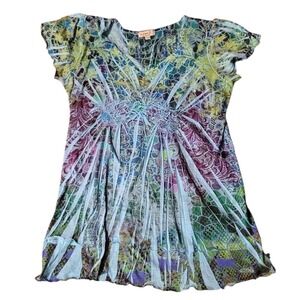 One World Dress Womens L Large Blue Paisley Short Sleeve Embroidered Midi